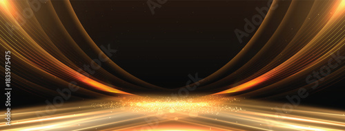 Elegant golden scene diagonal glowing with lighting effect sparkle on black background. Template premium award design.