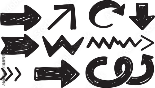 Hand-Drawn Grunge Arrow & Swirl Set: Black Sketch Doodle Design Elements