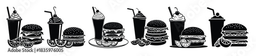 Black and white icons of burgers and drinks with orange slices