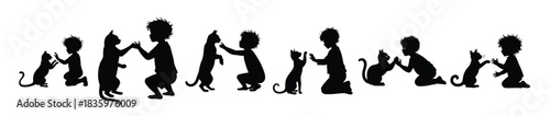 Black silhouette child playing with cats various poses