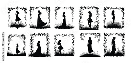 Black silhouette frames with women and floral elements