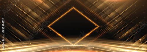 Elegant golden stage diagonal glowing with lighting effect sparkle on black background. Template premium award design.
