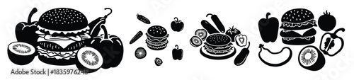 Black and white silhouette illustrations of burgers and vegetables