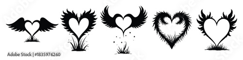 Black silhouette heart shapes with wings and grass
