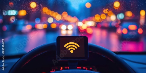 View from inside a car at night showing a steering wheel and a screen displaying a wifi symbol with blurred city lights and traffic in the background through a rain-speckled windshield