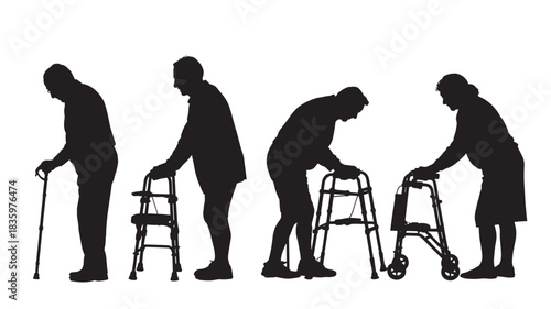 Progression of aging silhouette of elderly people using walking stick and walker vector illustration isolated on white background