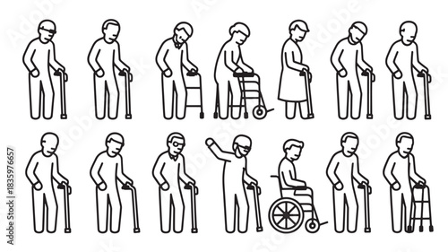 Set of aging process icons showing stages of life with mobility aids simple line art vector illustration isolated on white