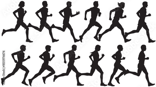 Set of running people silhouettes vector illustration of male and female athletes in motion isolated on white background