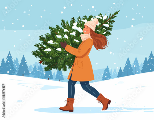 A woman in a winter coat and hat carries a freshly cut Christmas tree across a snowy landscape with falling snow and evergreen trees.