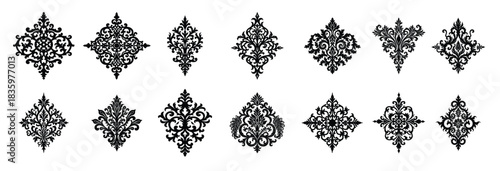 Black damask ornamental elements on white background