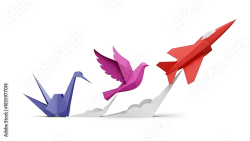 Stunning origami progression showing transformation from peace and hope to dynamic business achievement and rapid growth