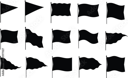 Collection of Black Flags Waving on Poles in Various Shapes and Styles waving flag