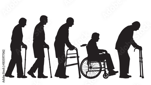 Aging process silhouette showing stages of life with mobility aids vector illustration on white background
