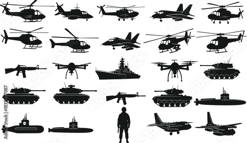 Collection of black silhouette military vehicles aircraft and soldier helicopter