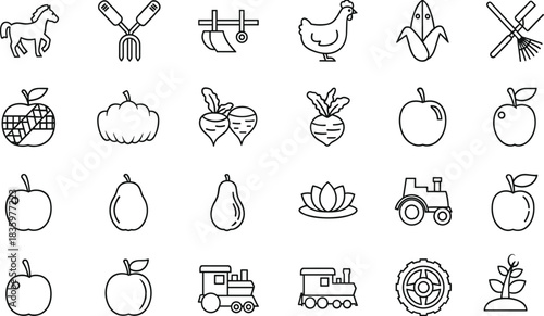 Collection of farm and garden icons including horse chicken tractor fruits and vegetables