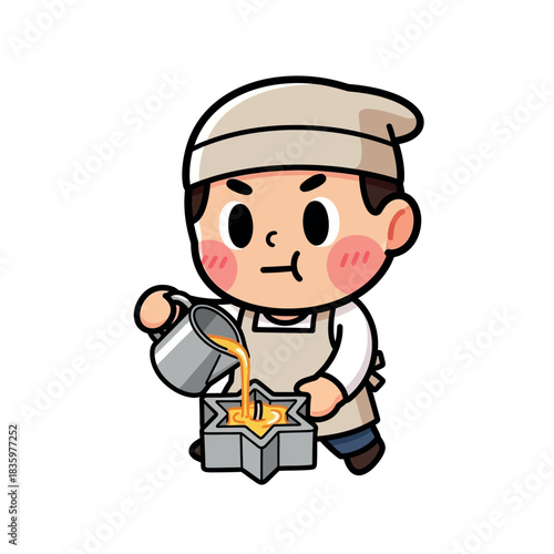 Cartoon Foundry Worker Pouring Molten Metal into Star Mold.