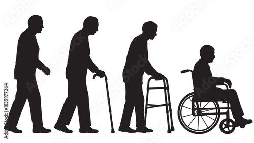 Aging process silhouette showing stages of life from young adult to elderly in wheelchair vector illustration on white background