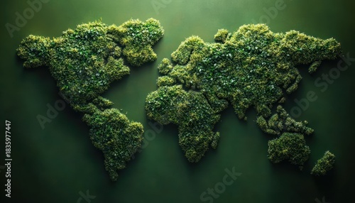 A green world map made of lush foliage and plants on a dark green background representing environmental and ecological themes