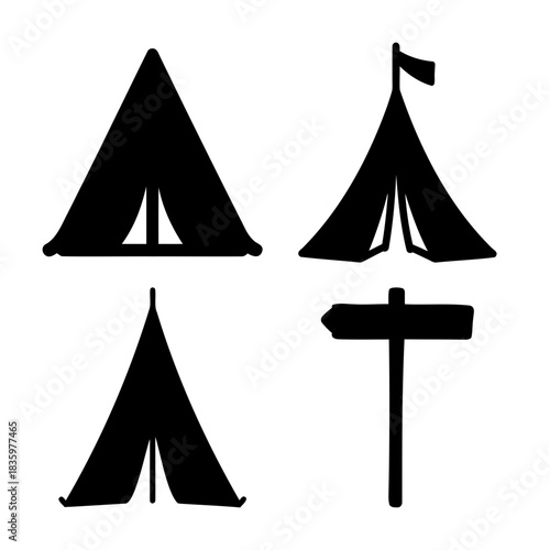 Camping tents and outdoor signpost silhouette icons set