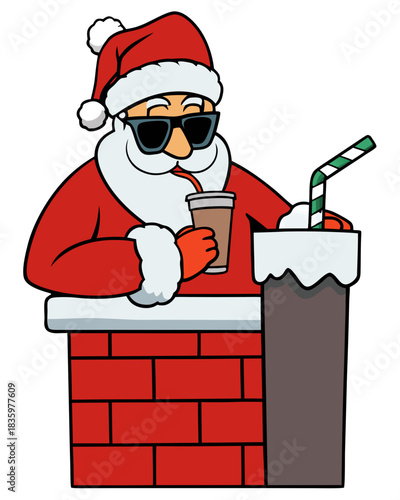 Cool Santa in Sunglasses Drinking Iced Coffee on Chimney – Funny Hipster Santa Christmas Cartoon
