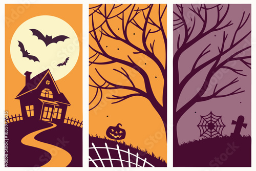 Spooky halloween illustration with ghosts bats and pumpkins