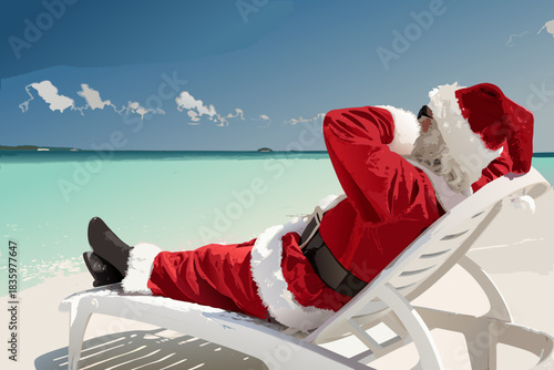 Santa Claus Relaxing on Beach Chair with Tropical Drink Christmas Vacation Concept