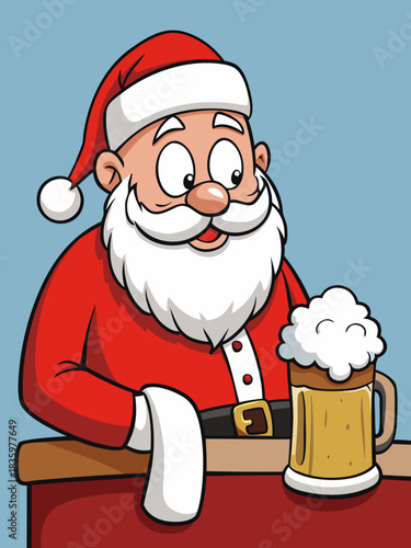 Drunk Santa Drinking Beer – Funny Christmas Santa Claus at Bar Cartoon Illustration