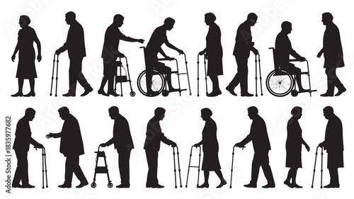 Silhouette of elderly people using mobility aids including walkers and wheelchairs vector illustration isolated on white
