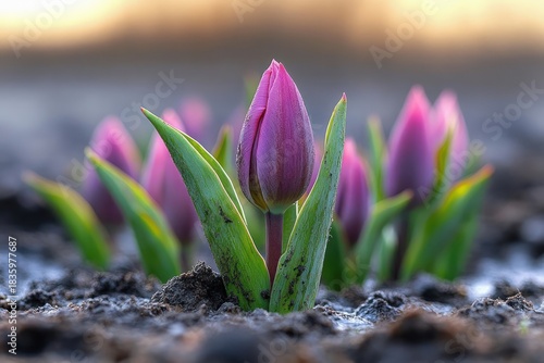 Close-up of vibrant purple tulip buds emerging from rich soil with soft natural light creating a fresh and hopeful atmosphere