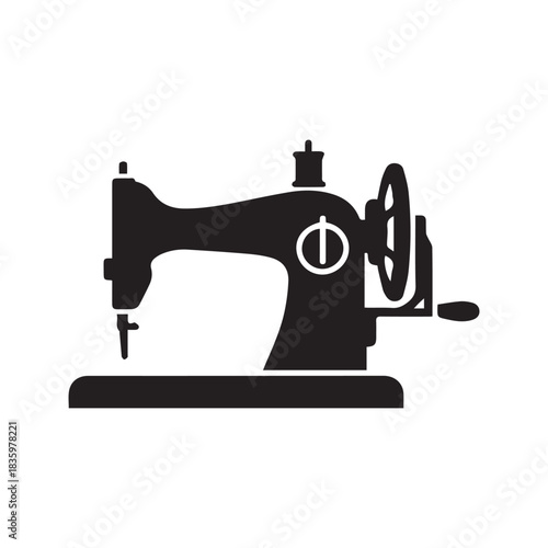 Vintage sewing machine vector icon. Black silhouette of classic tailor equipment for craft, needlework, and dressmaking, isolated on a white background with reflection.
