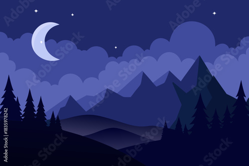 Moonlit Night Landscape with Hills and Pine Forest 