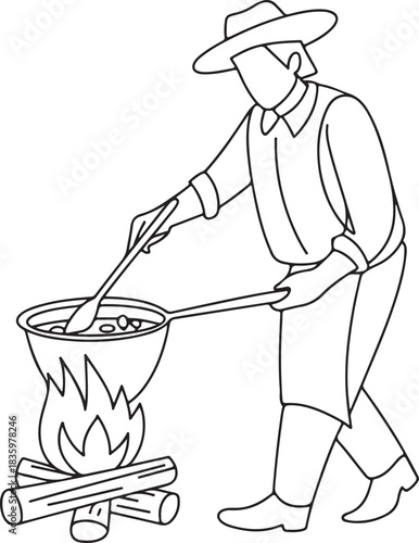 Outlined Cowboy Cooking Stew Over a Campfire Illustration - Western Food Preparation