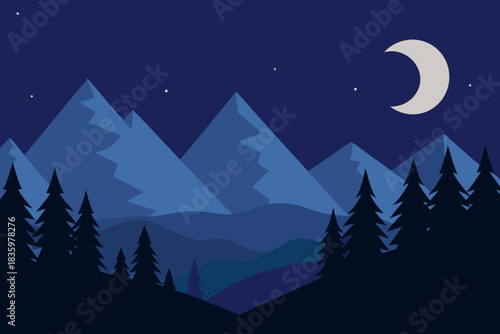 Moonlit Night Landscape with Hills and Pine Forest 