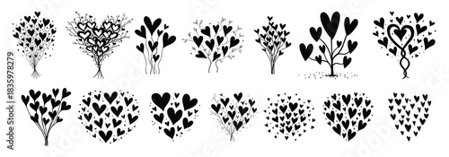Black heart shaped floral arrangements and trees hearts