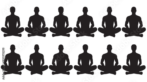 Row of meditating figures simple black silhouette on white representing mindfulness and wellness practices