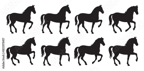 black horse silhouettes in motion running