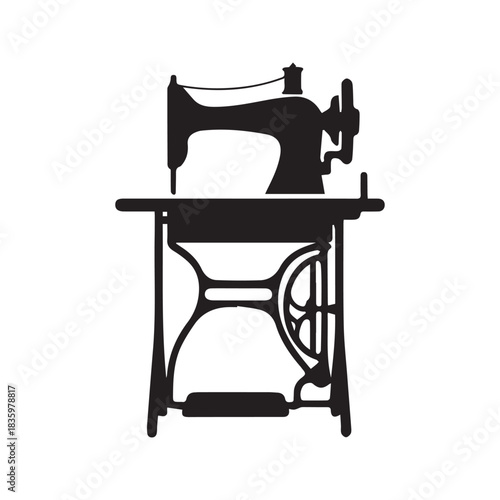 Vintage sewing machine vector icon. Black silhouette of classic tailor equipment for craft, needlework, and dressmaking, isolated on a white background with reflection.
