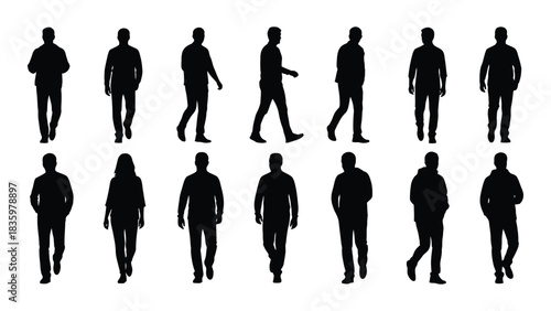 Silhouettes of people walking and standing isolated on white background, Vector