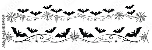 black silhouette bats and spiders on webs decorative borders 