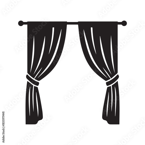 Curtain icon vector silhouette. Black drapes on a rod for window decoration, home interior design, or theater stage. Simple graphic illustration isolated on white background.
