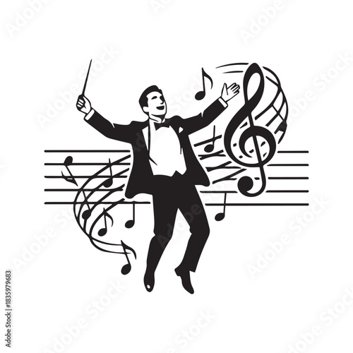 Maestro conductor logo with musical notes and treble clef. Man in suit vector icon for classical concert, orchestra, or opera performance.
