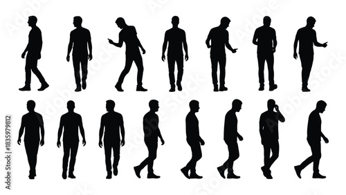 Male silhouettes in various poses isolated on white background, Vector
