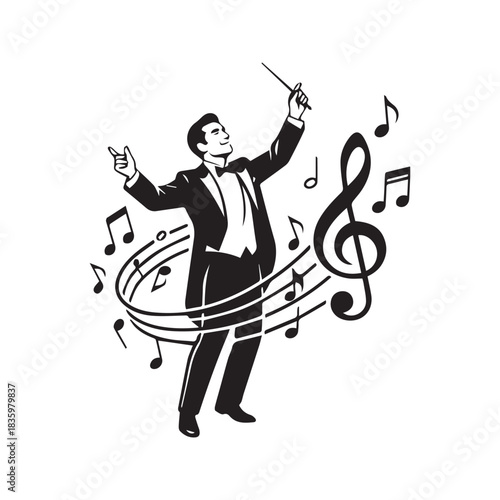 Maestro conductor logo with musical notes and treble clef. Man in suit vector icon for classical concert, orchestra, or opera performance.
