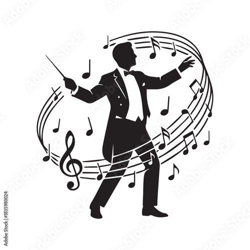 Maestro conductor logo with musical notes and treble clef. Man in suit vector icon for classical concert, orchestra, or opera performance.

