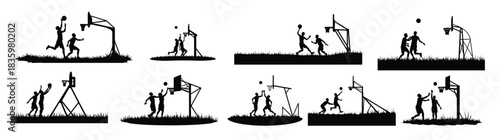 Black silhouettes of people playing basketball on grass