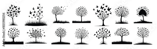 Black silhouette trees with flying butterflies and birds