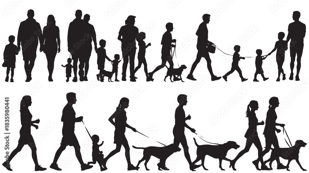 Obraz premium Set of family silhouettes walking parents with children and dogs vector illustration isolated on white background