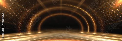 Elegant golden stage circle glowing with lighting effect sparkle on black background. Template premium award design.