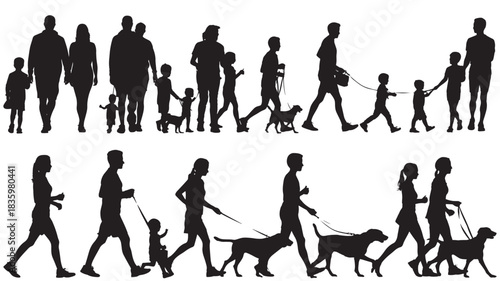Set of family silhouettes walking parents with children and dogs vector illustration isolated on white background
