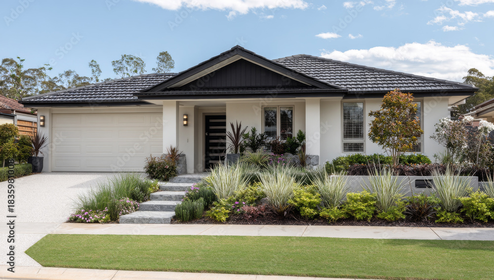Fototapeta premium Modern from oceanian country home with well-maintained front yard featuring landscaping, lawn, steps, and driveway under a blue sky